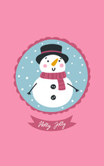 Christmas card with funny snowman. Lettering - Holly Jolly. Cute vector illustration in hand-drawn scandinavian style. The limited pastel palette is ideal for any print.