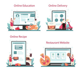 Pizzeria online service or platform set. Chef cooking tasty delicious