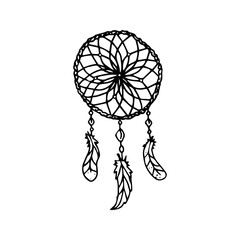Single dreamcatcher icon.  Сoncept cozy home, hygge. Hand drawn vector illustration in doodle style outline drawing isolated on white background.