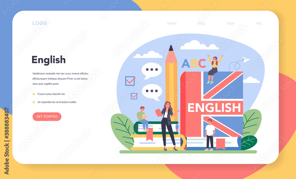 Poster english class web banner or landing page. study foreign languages