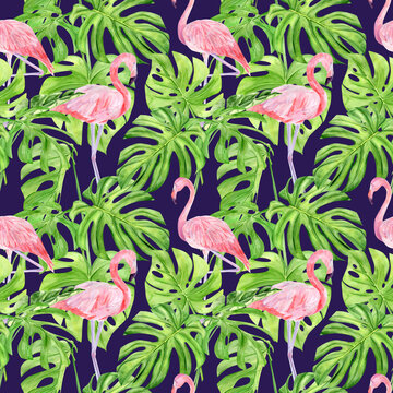 Watercolor illustration seamless pattern of tropical leaves and pink flamingo. Perfect as background texture, wrapping paper, textile or wallpaper design. Hand drawn © NataliaArkusha