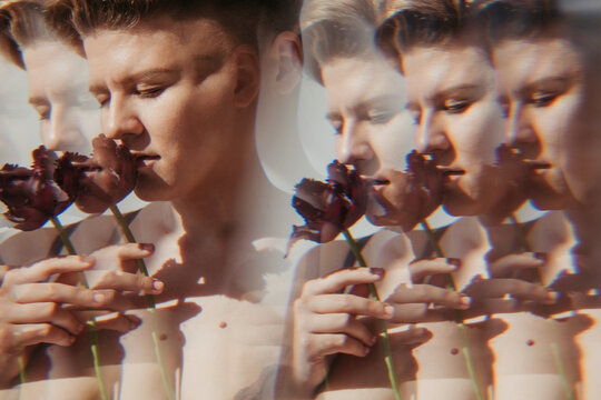 Multi exposure portrait of woman with dark flower