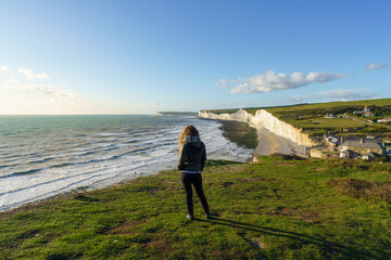 Seven Sisters White Cliffs and Birling Gap Beach by the English Channel in East Sussex, UK