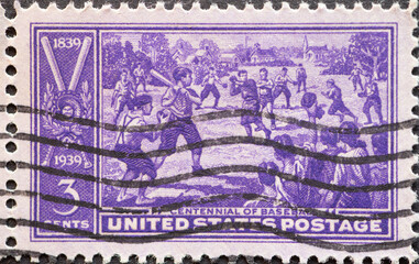USA - Circa 1939: a postage stamp printed in the US showing a picture of a baseball game. Text:...