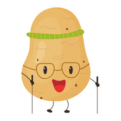 Old potato nordic walking on white background. Sport concept.