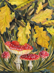  Autumn, yellow Oak leaves and red mushrooms, poster. 