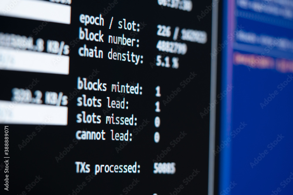 Poster focus on blocks minted on cardano proof of stake server screen, open source protocol