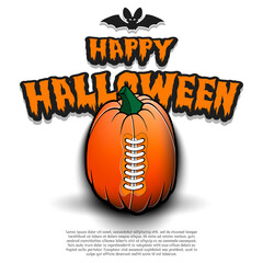 Fototapeta premium Happy Halloween. Template rugby design. Football ball in the form of a pumpkin on an isolated background. Pattern for banner, poster, greeting card, flyer, party invitation. Vector illustration