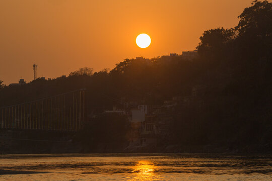 Sunset over the Ganges river in Rishikesh