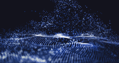 Wave of particles. Data technology abstract futuristic illustration. Low poly shape with connecting dots on dark background. 3D rendering. Big data visualization. Futuristic blue dots background