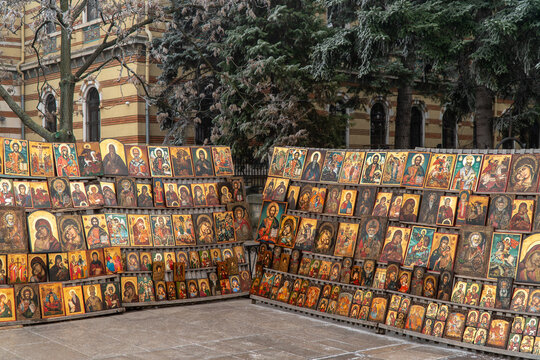 Orthodox Ikons sold on streets of Sofia, Bulgaria