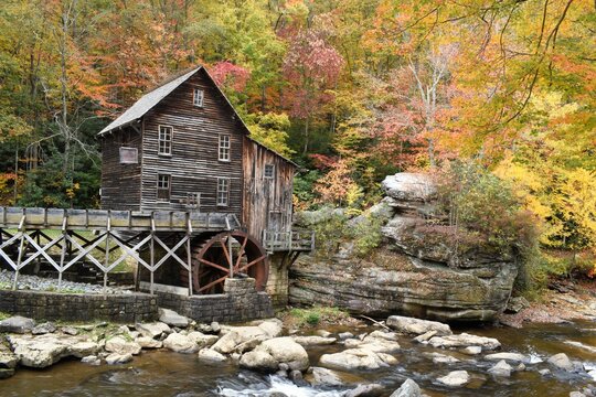 Autumn Colors, Old Mill, and Flowing Water Over a Creek