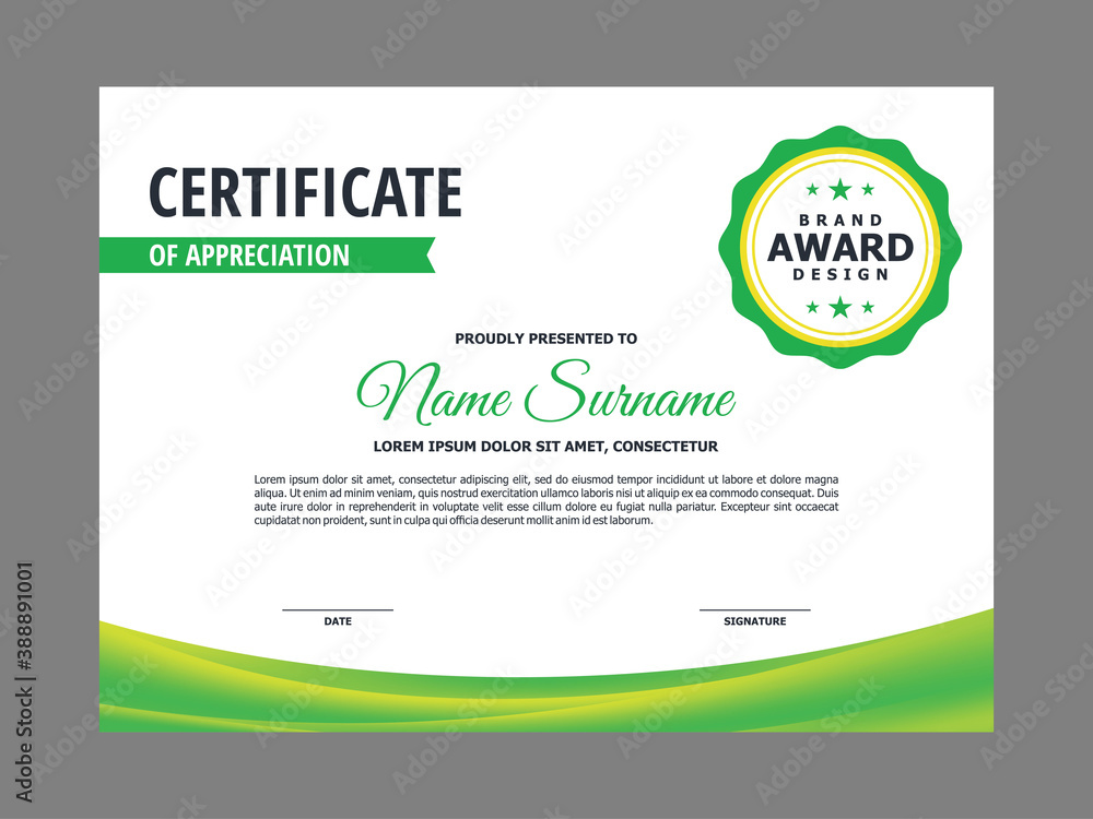 Poster abstract smooth certificate with natural green curvy element design, professional, modern, elegant c