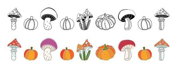 Pumpkins and mushrooms on a white background. Vector illustration. Autumn set of icons. Halloween. Abstract, hand drawn, decorative pumpkins and mushrooms. Harvest food vegetables mushroom fly agaric