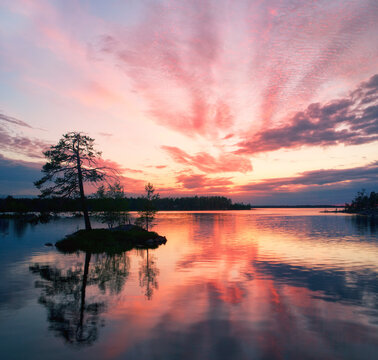 Bright and dramatic sunset on the lake.