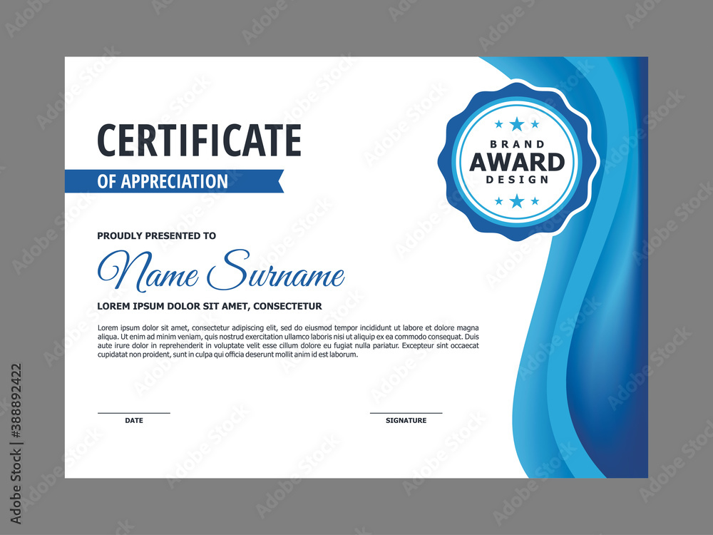 Poster abstract smooth certificate with blue wavy element design, professional, modern, elegant certificate