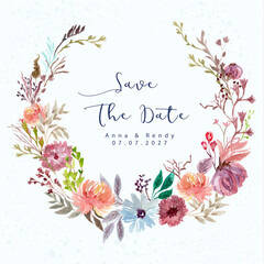 Save the date with colorful watercolor flower wreath
