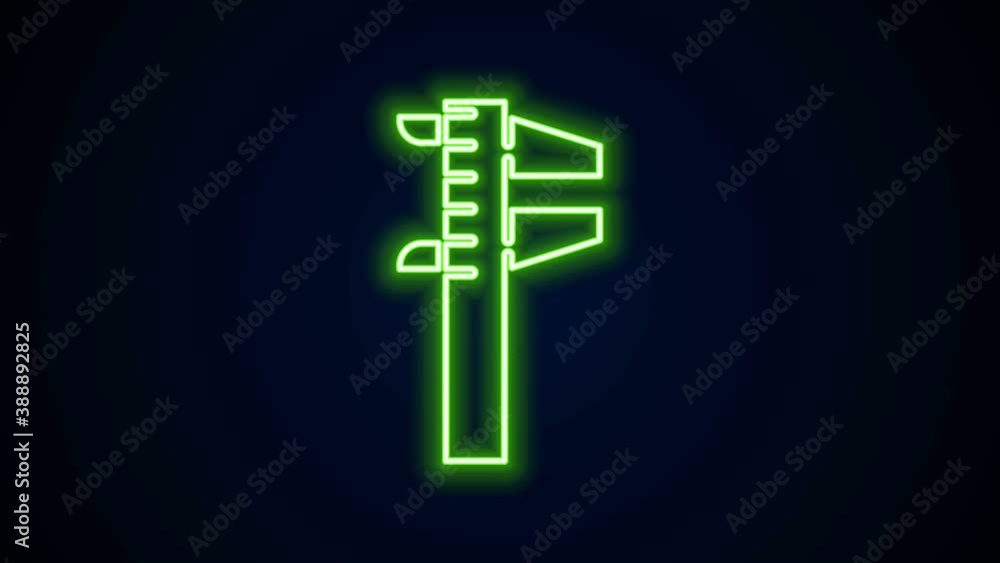 Poster glowing neon line calliper or caliper and scale icon isolated on black background. precision measuri
