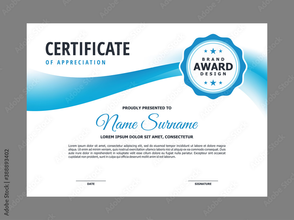 Poster abstract smooth certificate with soft blue wavy element design, professional, modern, elegant certif