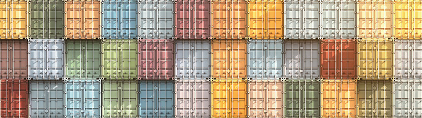 Stack of shipping containers. Front view, wide format. Colorful cargo boxes. Dockyard, industrial port. 3d rendering