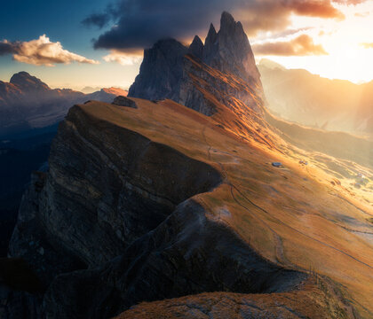 Mountain peak in the dawn rays of the sun