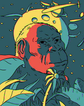 Monkey Ancestor Ape Illustration, Cosmic Landscape, Moon, Saturn and Comets