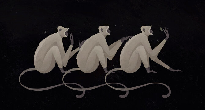 Three cute monkey on black background. Grooming concept