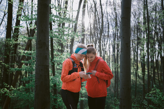 Women tracked trail way at online map