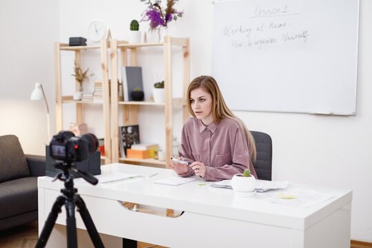 Girl operating remotely and keeping social isolate