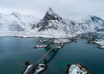 Aerial view of snowy mountains and fjords of Norway