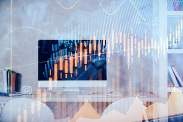 Multi exposure of stock market chart drawing and office interior background. Concept of financial analysis.