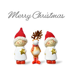 Cute Christmas elves and reindeer isolated on white background. Christmas greeting card