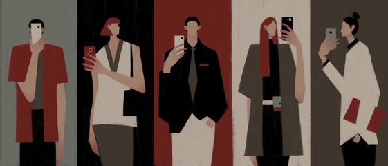 Five different people take a selfie on a smartphone in the mirror on a colored background