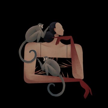 Cute monkey with girl. Animal and human friendship concept. Nature and people unity. Black background