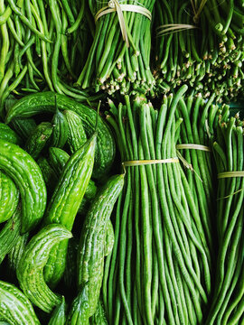 Bitter goard and string beans close up