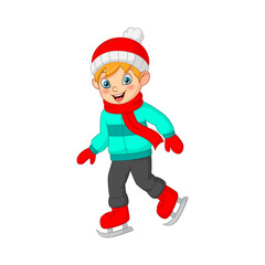 Cute little boy in winter clothes playing ice skating