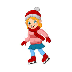 Cute little girl in winter clothes playing ice skating