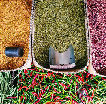 mung beans in the asian market. chili peppers in the market
