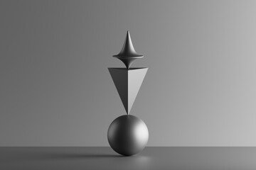 Three dimensional render of metallic top spinning on top of geometric pyramid and sphere