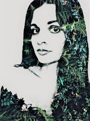 Creative illustration portrait of a young woman with tropic plants and forest green foliage hair and clothes