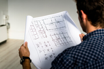 Architect reading blueprint while sitting at office