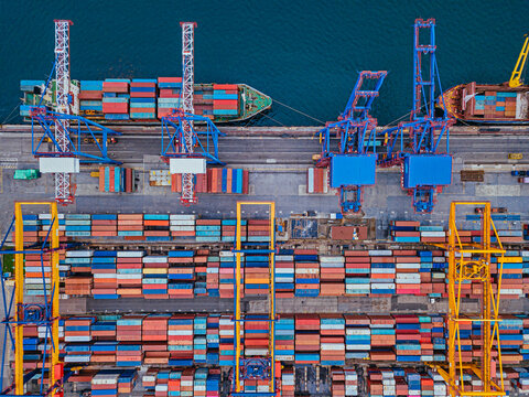Russia, Primorsky Krai, Vladivostok, Aerial view of cargo containers in commercial dock