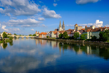 Germany, Bavaria, Adelsdorf, Regensburg, Danube river and riverside old town houses