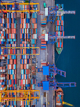 Russia, Primorsky Krai, Vladivostok, Aerial view of cargo containers in commercial dock
