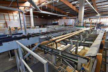 Planks being processed in lumberyard