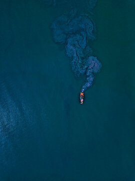 Aerial view of trawler fishing in Lukin bay