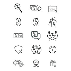 Discount Related Vectors. Contains Icons like Coupons, Ribbon with Percent Sign, Discount Codes. Editable colors.