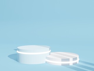 Minimal product display stand with shadow. Mock up podium in abstract white and blue pastel composition, 3d rendering, 3d illustration	
