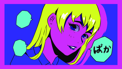 Hand drawn illustration with anime girl in neon acid color palette. Japanese text in speech bubble means "fool". Vaporwave and synthwave 80's vibe style.