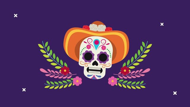 dia de los muertos celebration with skull wearing hat